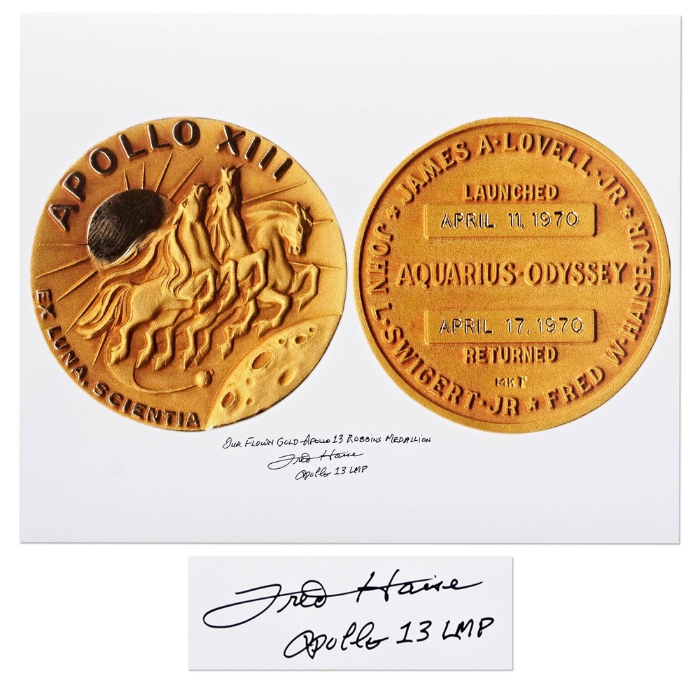 Fred Haise Signed 20" x 16" Gold Robbins Medallion
