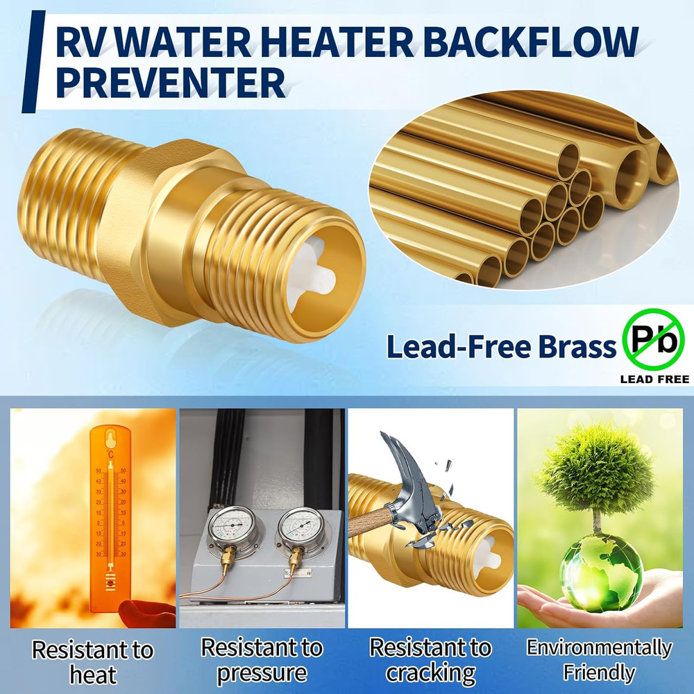 RV Water Heater Backflow Preventer, 1/2" NPT Double Male Thread Hot Water Heate