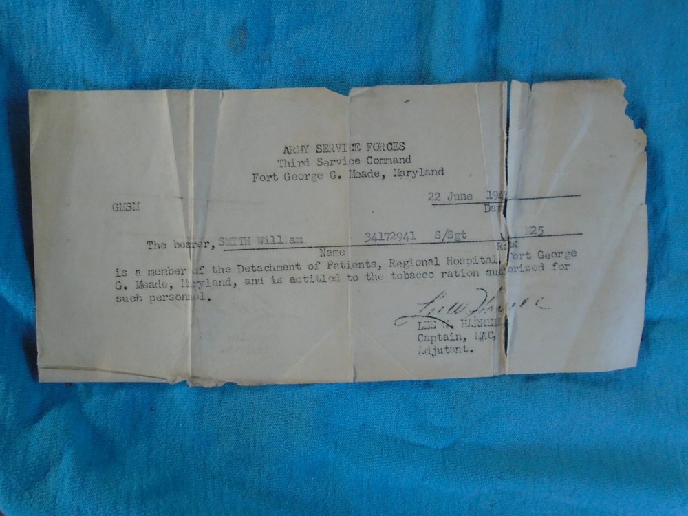 Fort Meade, MD, Third Service Command, authrization for tobacco ration