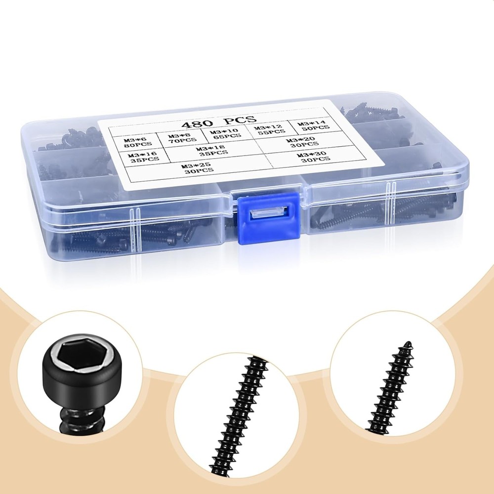 Metric Hex Socket Cap Head Self Tapping Screws, 480pcs M3 Stainless 480 Black