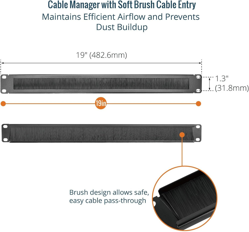 1U Rack Mount Cable Management Panel with Brush, Black, 2-Pack