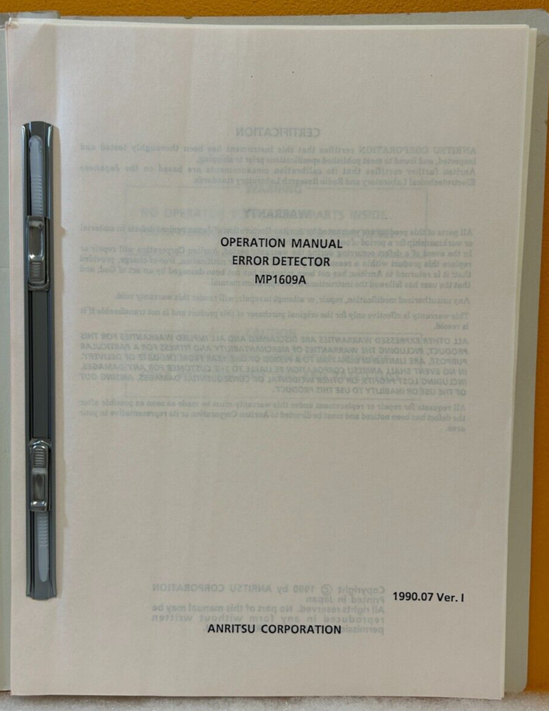 Anritsu MP1609A Error Detector Operation Manual.
