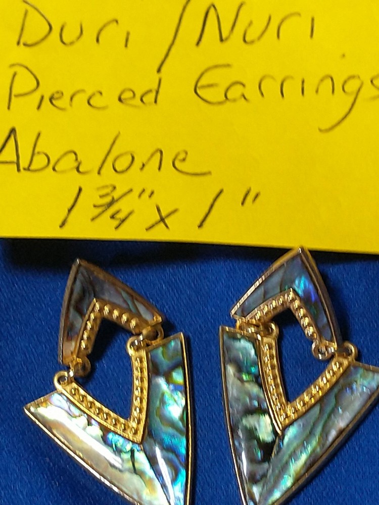 DURI ABALONE SHELL DANGLE PIERCED EARRINGS 1 3/4" X 1" BOHO EARTHY GROOVY