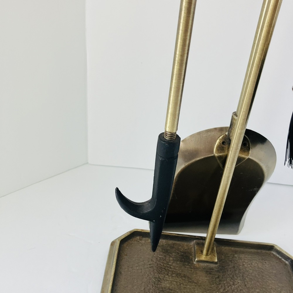 Vintage Solid Hammered Brass 3 Piece Fireplace Tool Set w/ Stand Bronze Metallic