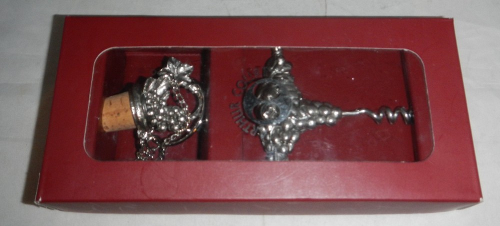 Arthur Court Silver Grape Leaves Pattern Wine Corkscrew & Bottle Stop Topper Set