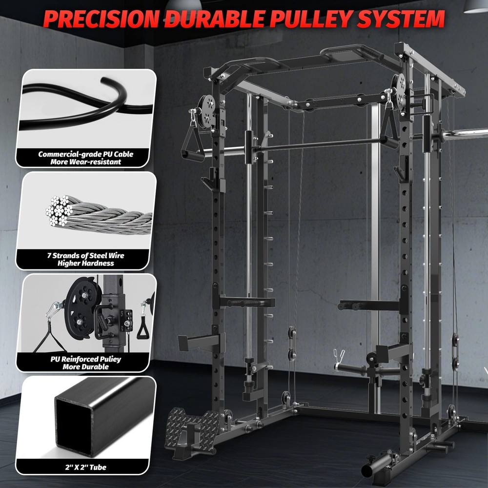 Smith Machine Power Cage with Pulley System LAT Pulldown Squat Rack for Home Gym