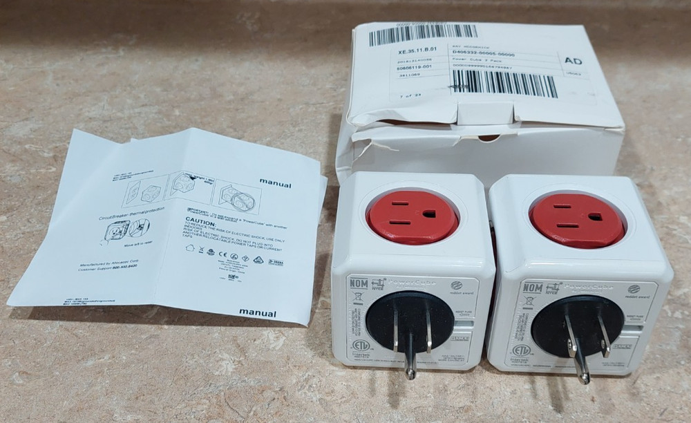 2 Allocacoc Original Powercube - 5 Outlet Dual - UBS Charger Adapter White / Red