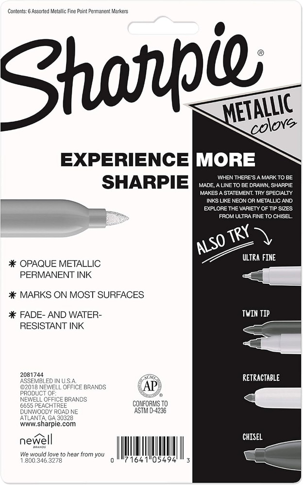 Sharpie Metallic Permanent Markers, Fine Point, Assorted Metallic, 6 Count