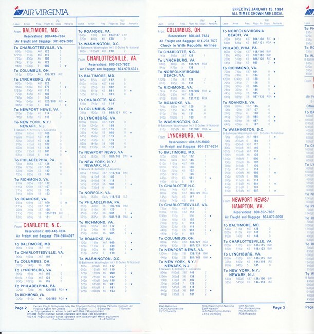 Air Virginia timetable 1984/01/15