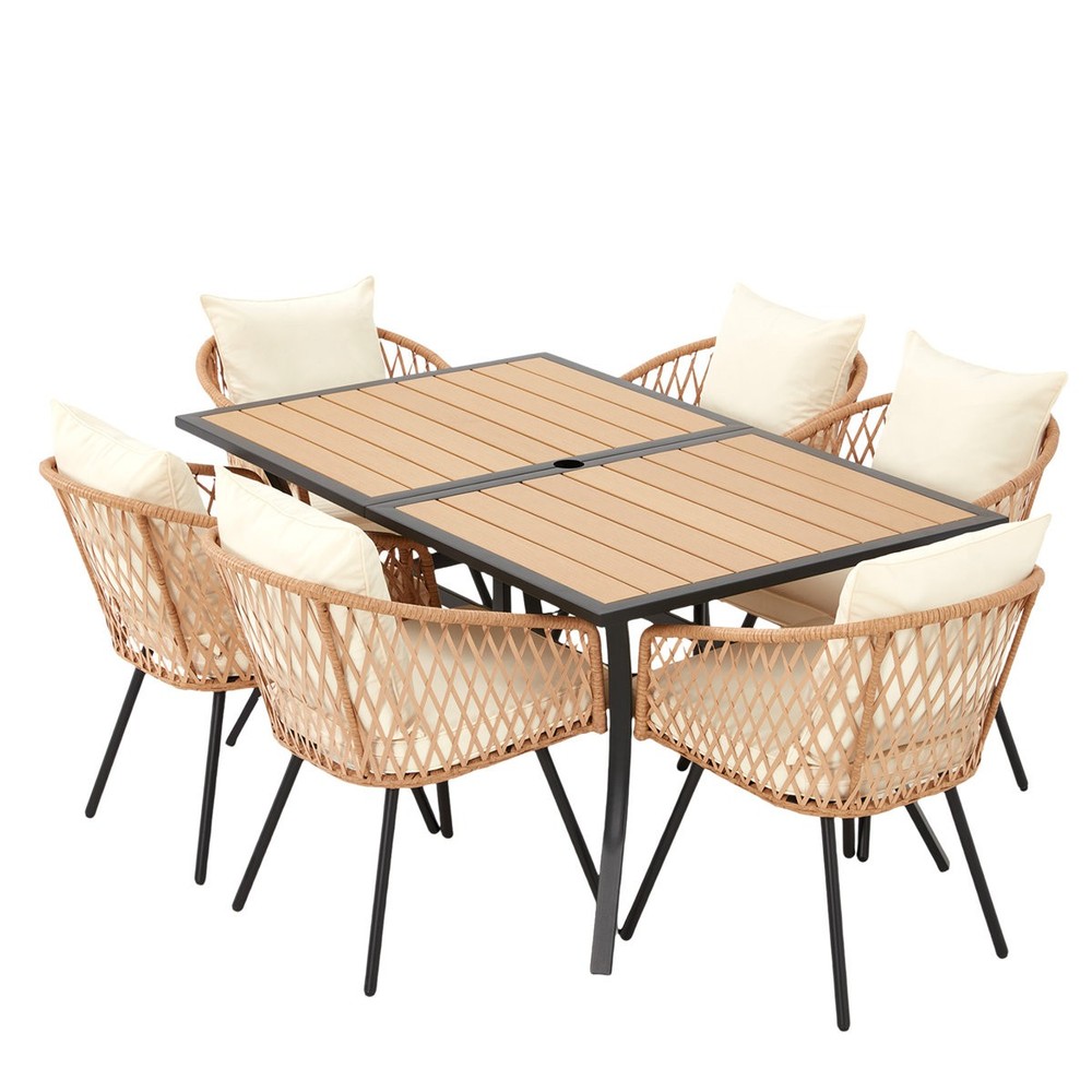 6 Rattan Chairs Outdoor Dining Set Rectangular Table for Garden Poolside