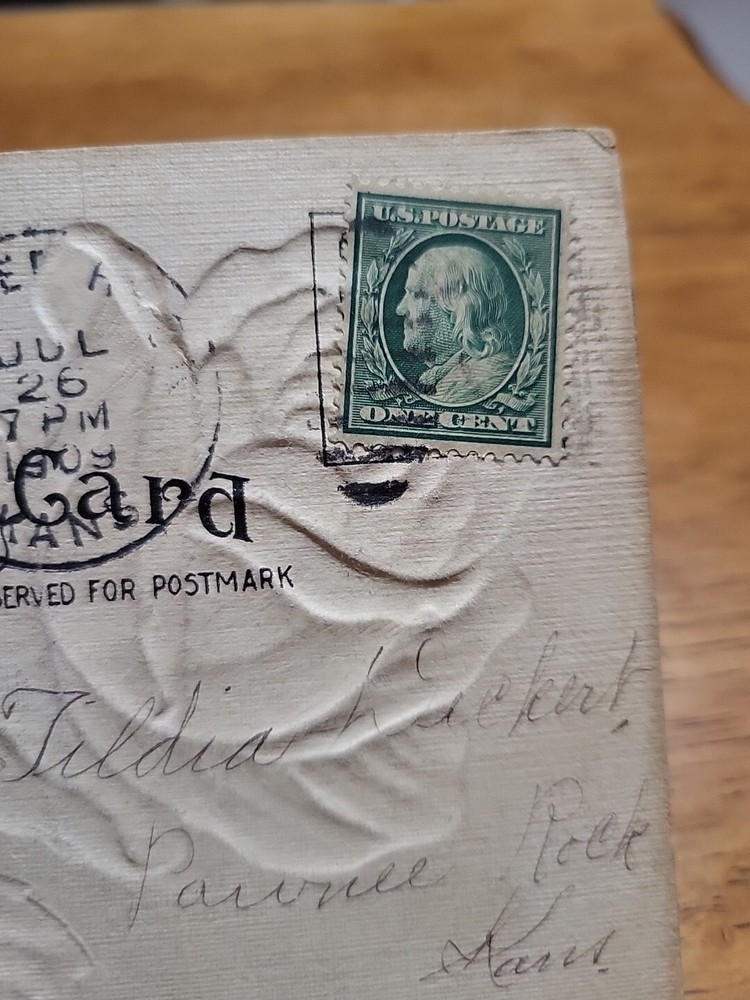 Benjamin Franklin Green One Cent Stamp on a 1909 Post card.