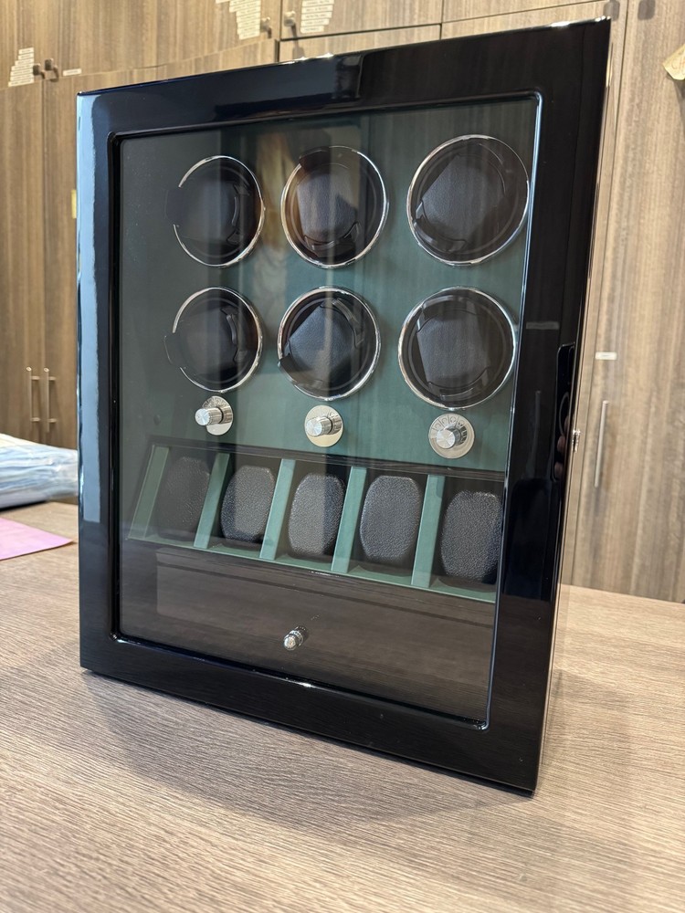 Luxury Multi-Function 6 Piece Watch Winder with Storage Drawer in Glossy Black.