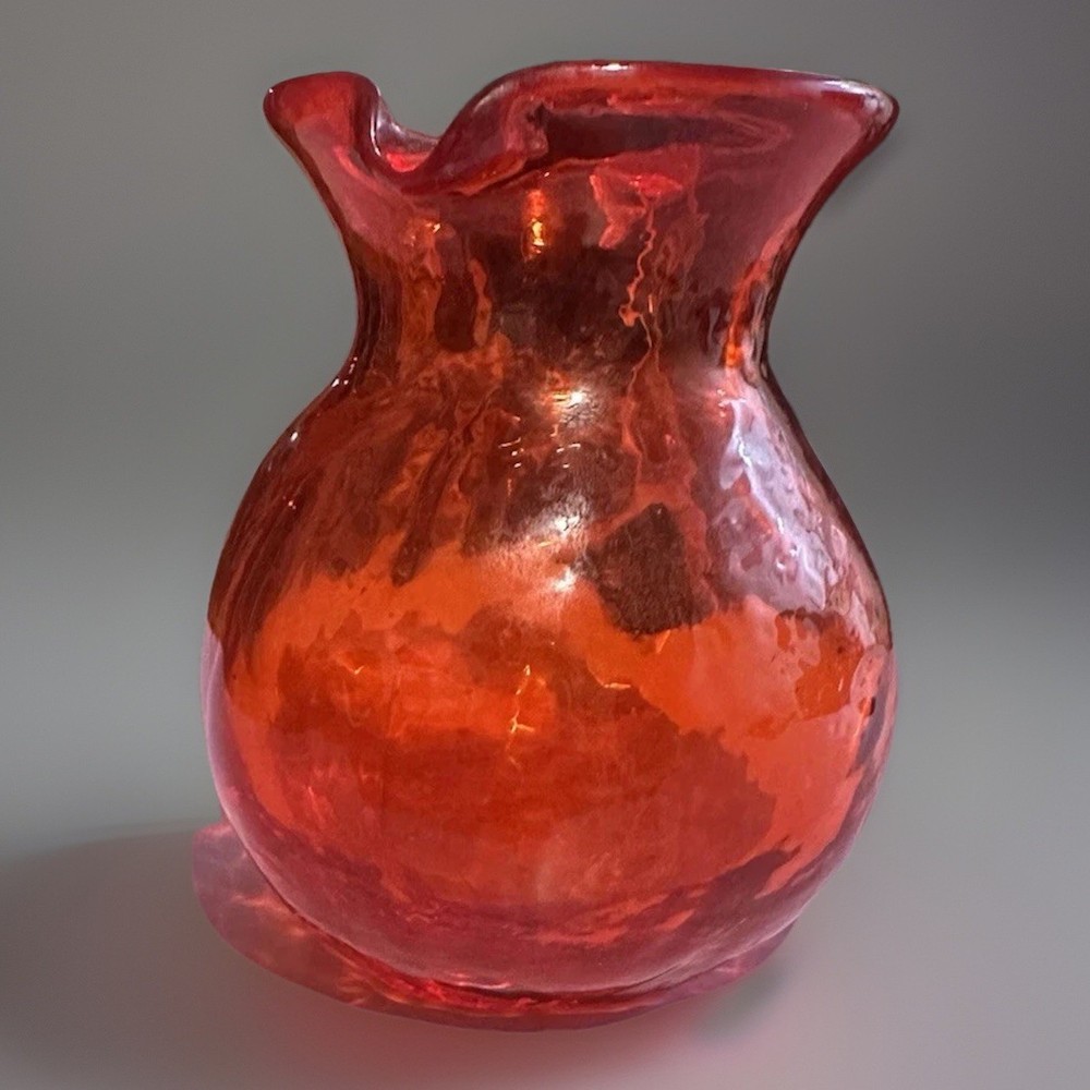 Ruby Red Handblown Crackle Glass Small Creamer Pitcher Applied Clear Handle 3.5”