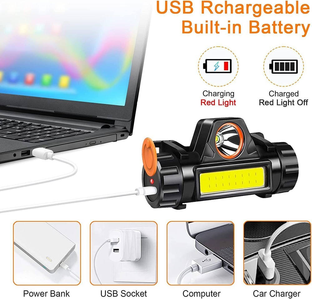 2X COB LED Headlamp Headlight USB Rechargeable Waterproof Head Light Flashlight