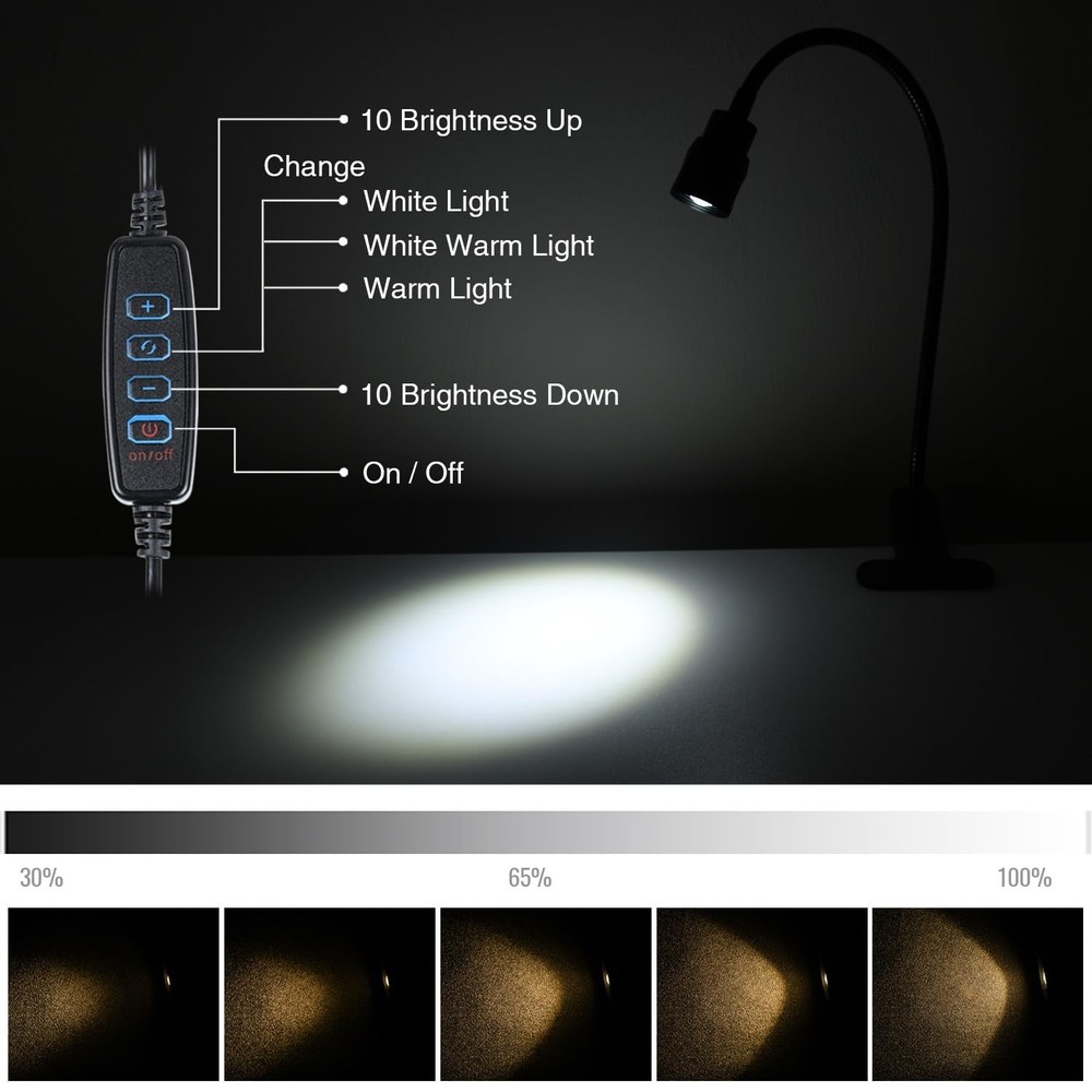 Zoomable Clip On Lamp Dimmable Spotlight for Dorm Bed Headboard Working