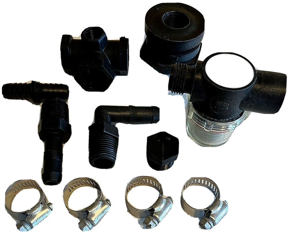 1/2" Fittings: Strainer, Bulkhead, Hose Barbs, Clamps, Tee, Plug, Hose Mender