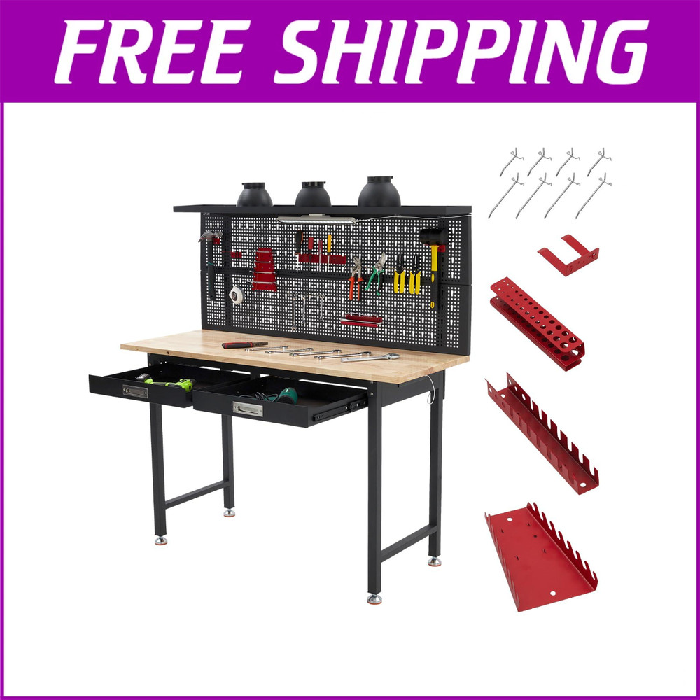 60" Adjustable Heavy Duty Workbench Work Table w/ Drawers & LED Light & Pegboard