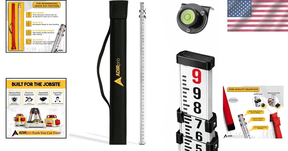 9 ft Telescoping Leveling Rod - Water & Corrosion Resistant with Carrying Case