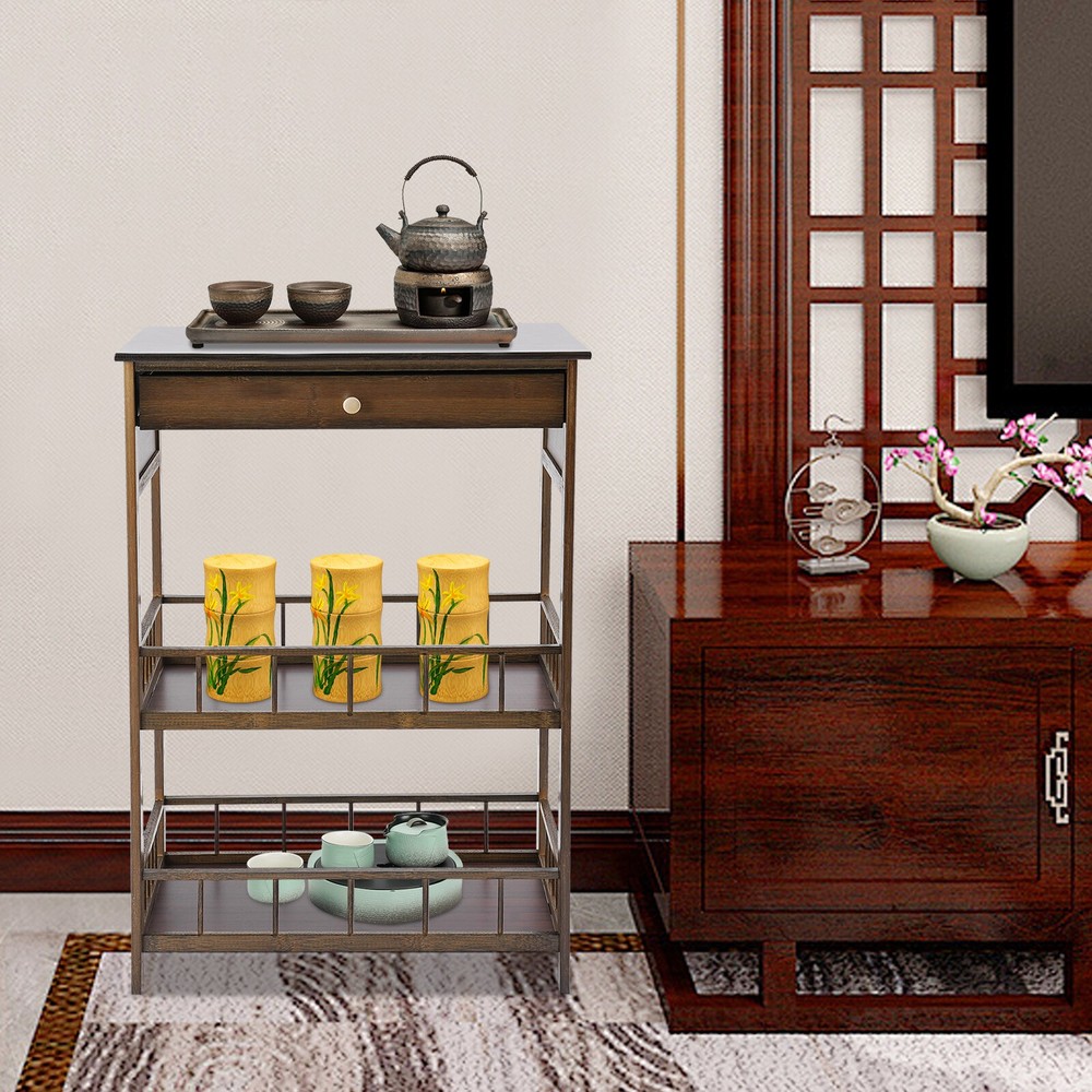 3 Tiers Side Table Side Table with Storage Drawer Bamboo End Table Tea Table