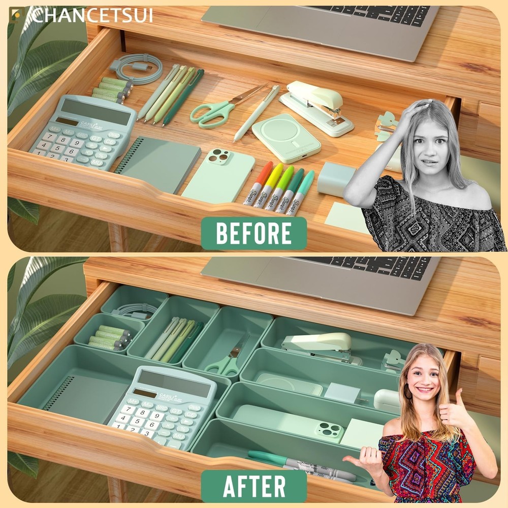 CHANCETSUI 9 Pcs Stackable Drawer Organizer Trays Set, Green, Multifunctional...