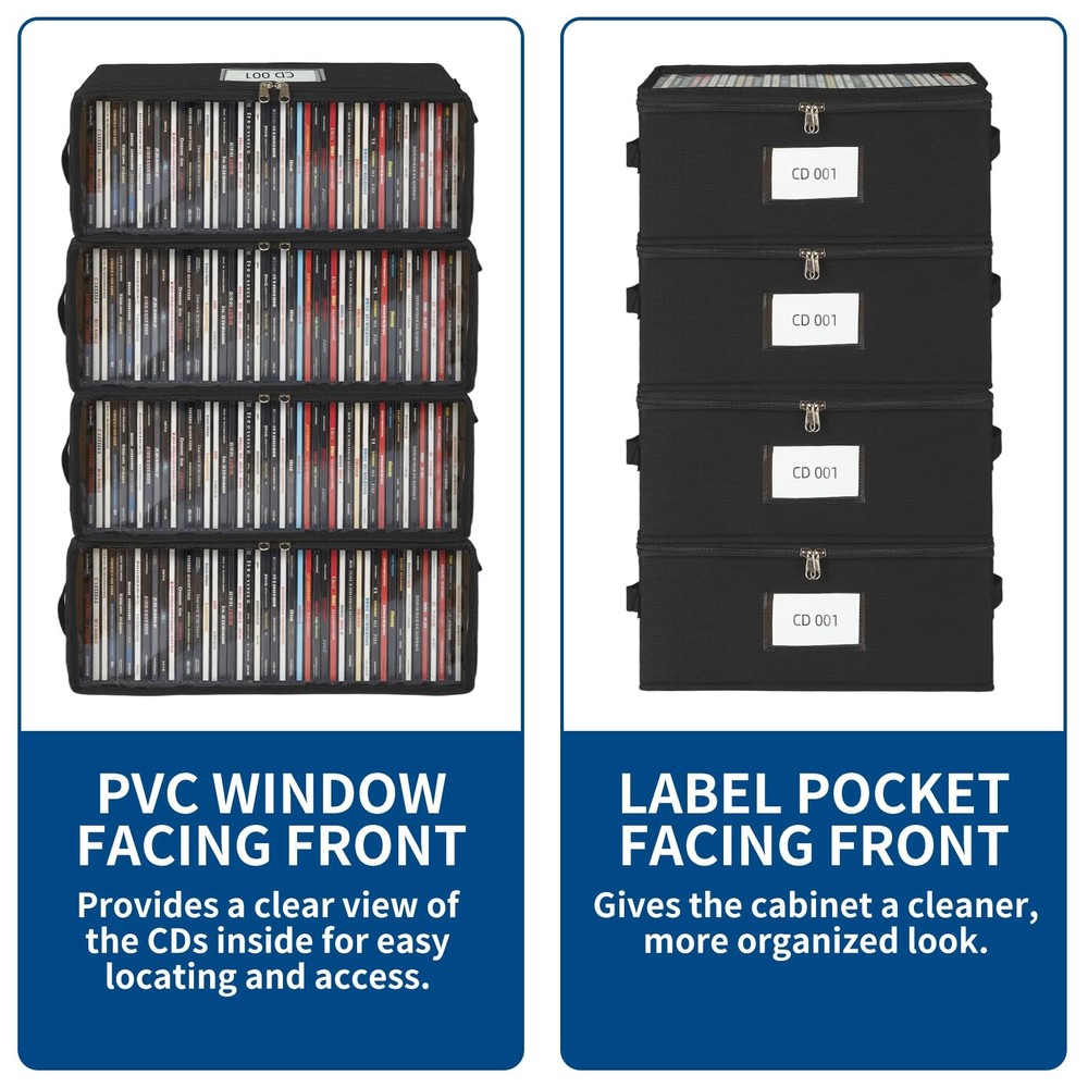 ComfortKeeper 4 Pack Fabric CD Storage Box with Clear Standard-4 Pack, Black
