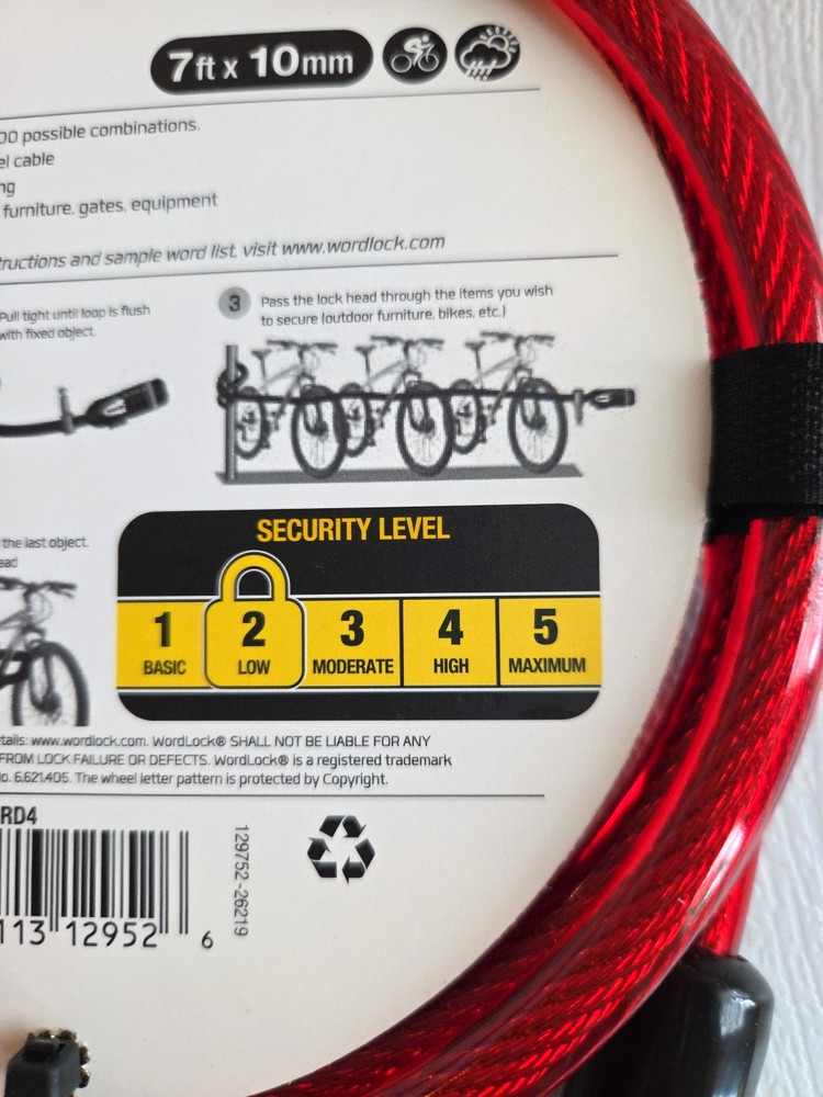 NWT Wordlock Red Resettable Loop N Lock Cable 7ft for Multiple Bikes