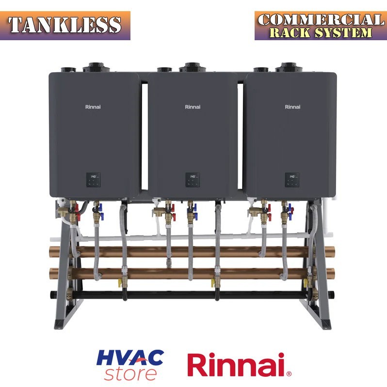 Rinnai Commercial Rack System With Three Unit Tankless Water Heater Freestanding