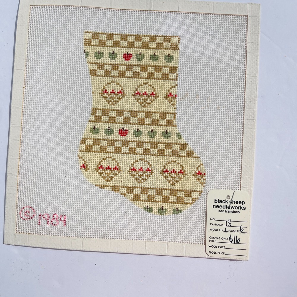 1984 Vintage Hand Painted Needlepoint Pattern Canvas Stocking Apples Baskets