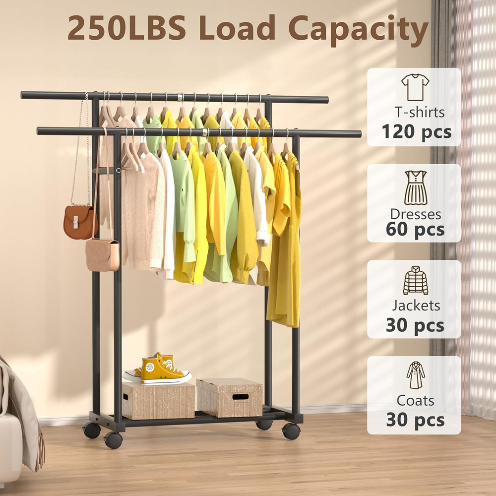 Heavy-Duty Double Rod Rolling Clothes Rack - Versatile Portable Wardrobe