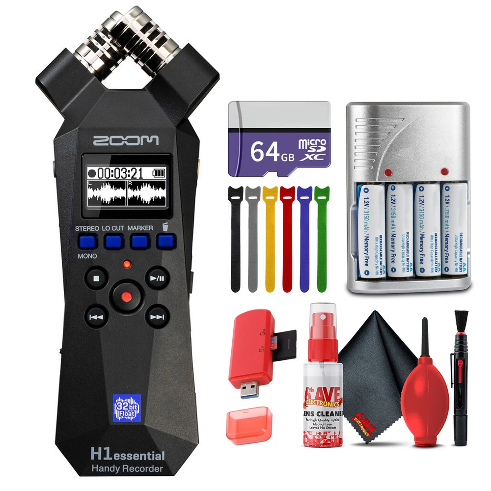 Zoom H1essential 2-Track 32-Bit Audio Recorder, Memory Card Pro 64GB, Bundle