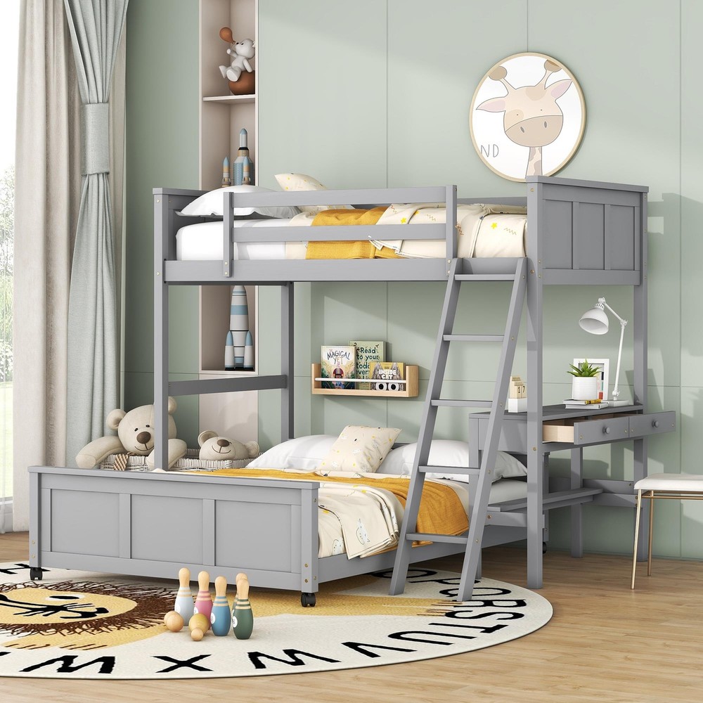 Twin Over Full Bunk Bed with Desk White/Gray