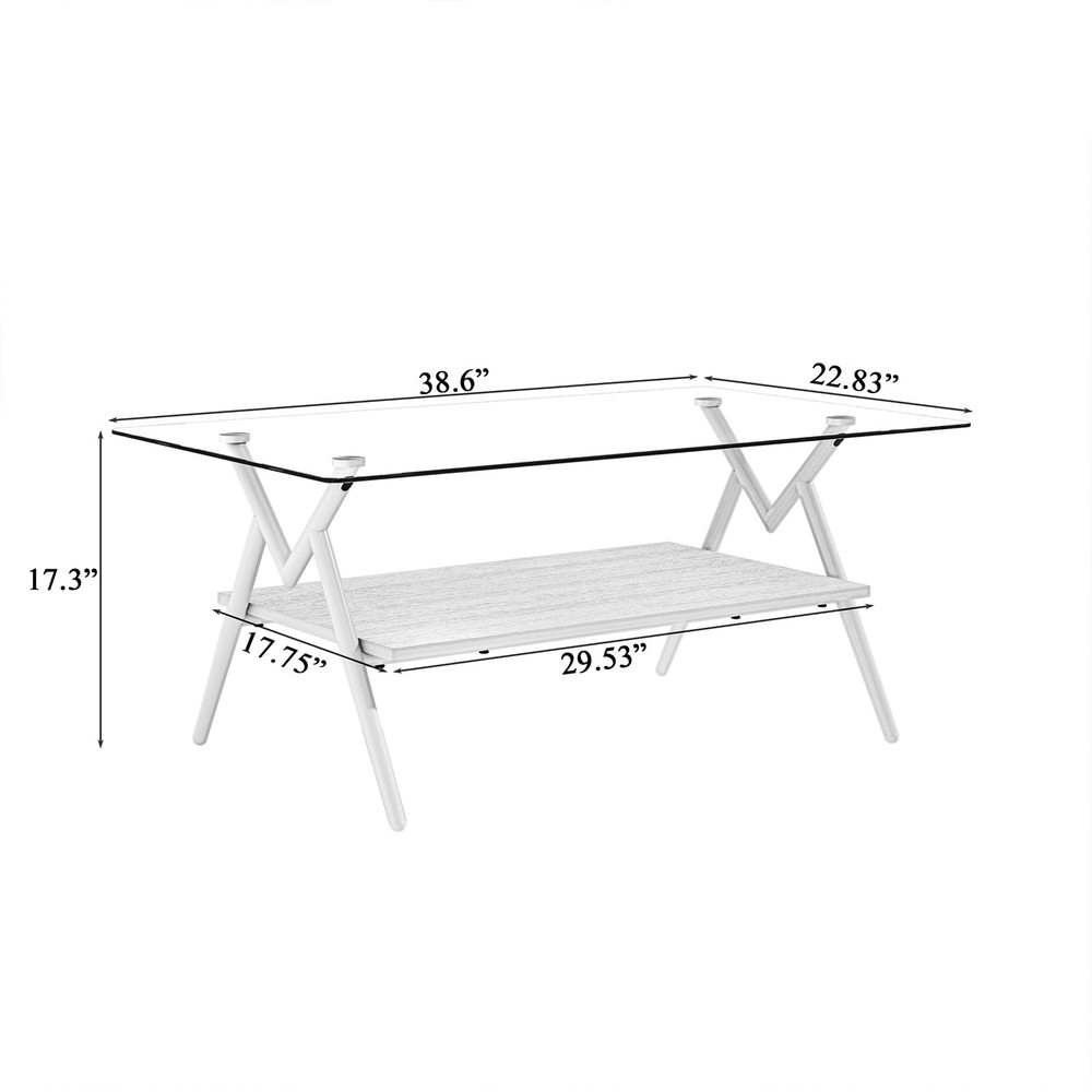 Rectangular coffee table with tempered glass on top and white metal legs