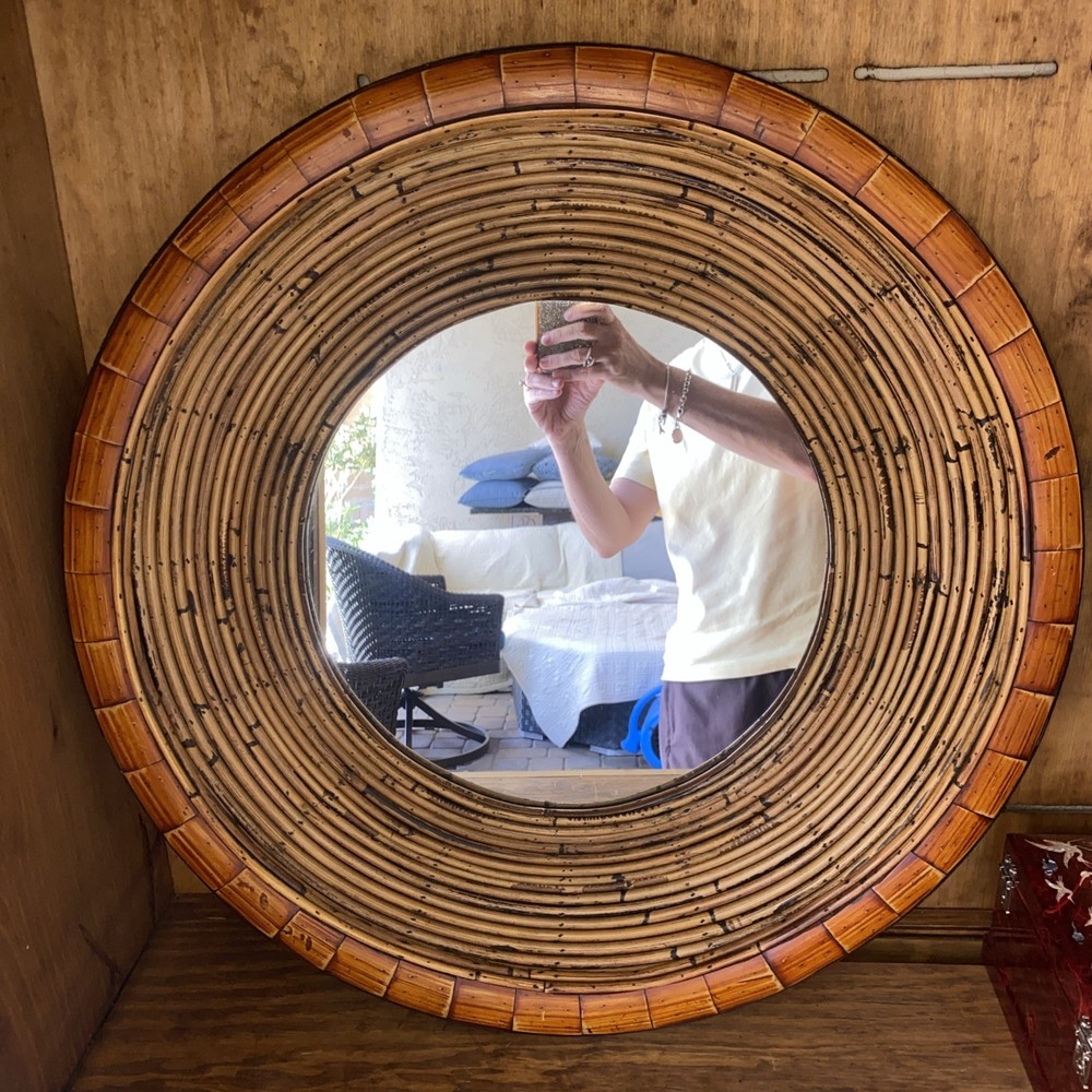 Vintage Bamboo Frame Rattan "Wall Mirror 24” Diameter