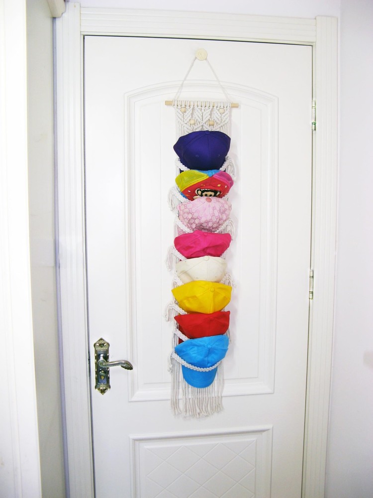 8-Tier Macrame Baseball Cap Organizer With Boho Hooks—Handwoven Boho Cap Hold...