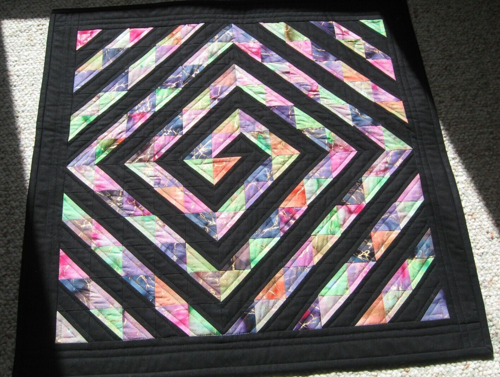 Handmade Quilted Table Topper Hand Dyed Fabric with Solid Black Spiral