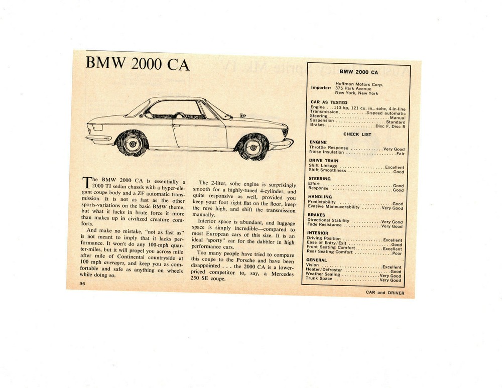 1968 BMW 2000 CA ~ ORIGINAL SMALLER ROAD TEST / ARTICLE / AD
