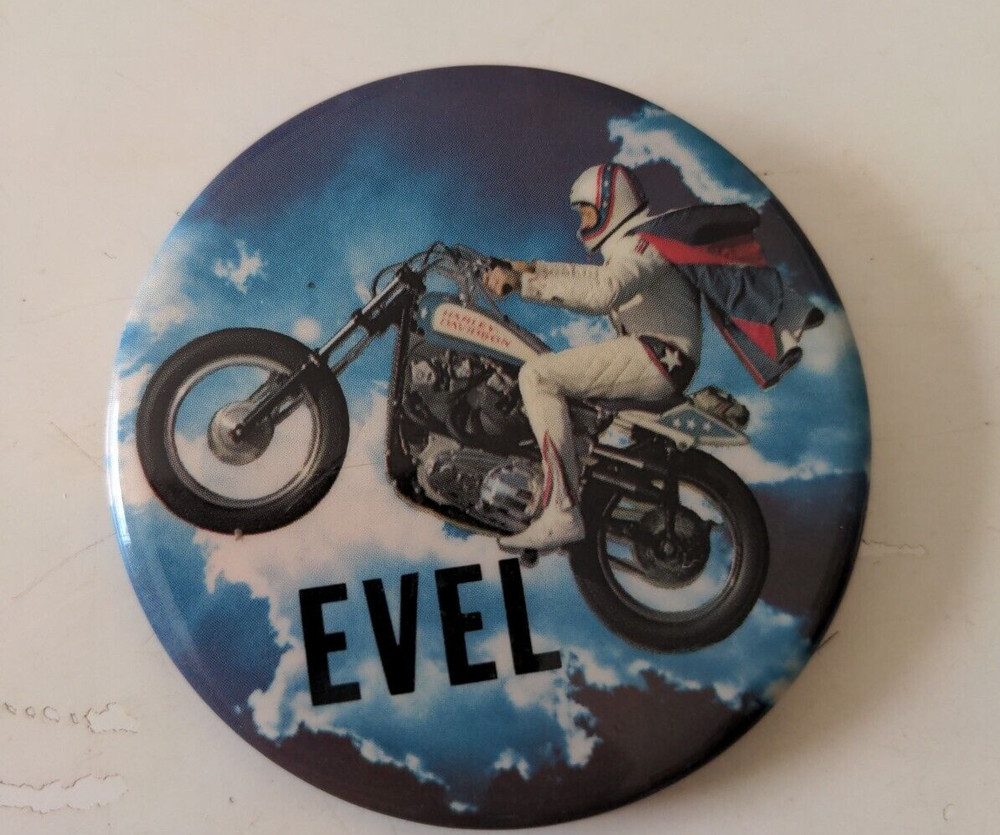 Evel Knievel Button Pin 2.5” on Motorcycle with Cape Flying