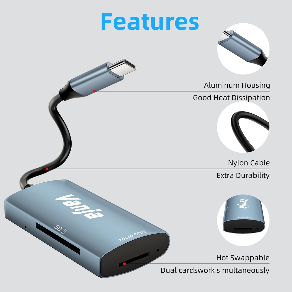 Vanja SD Card Reader USB C, High-Speed 3.0 C/USB Cable, Blue-Gray