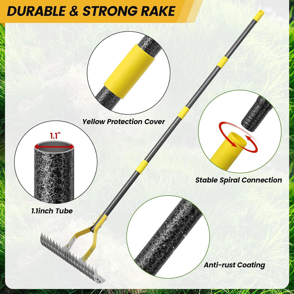 Thatch Rake 5.5FT Heavy Duty Metal Dethatcher Rake with Adjustable Long Handle 1