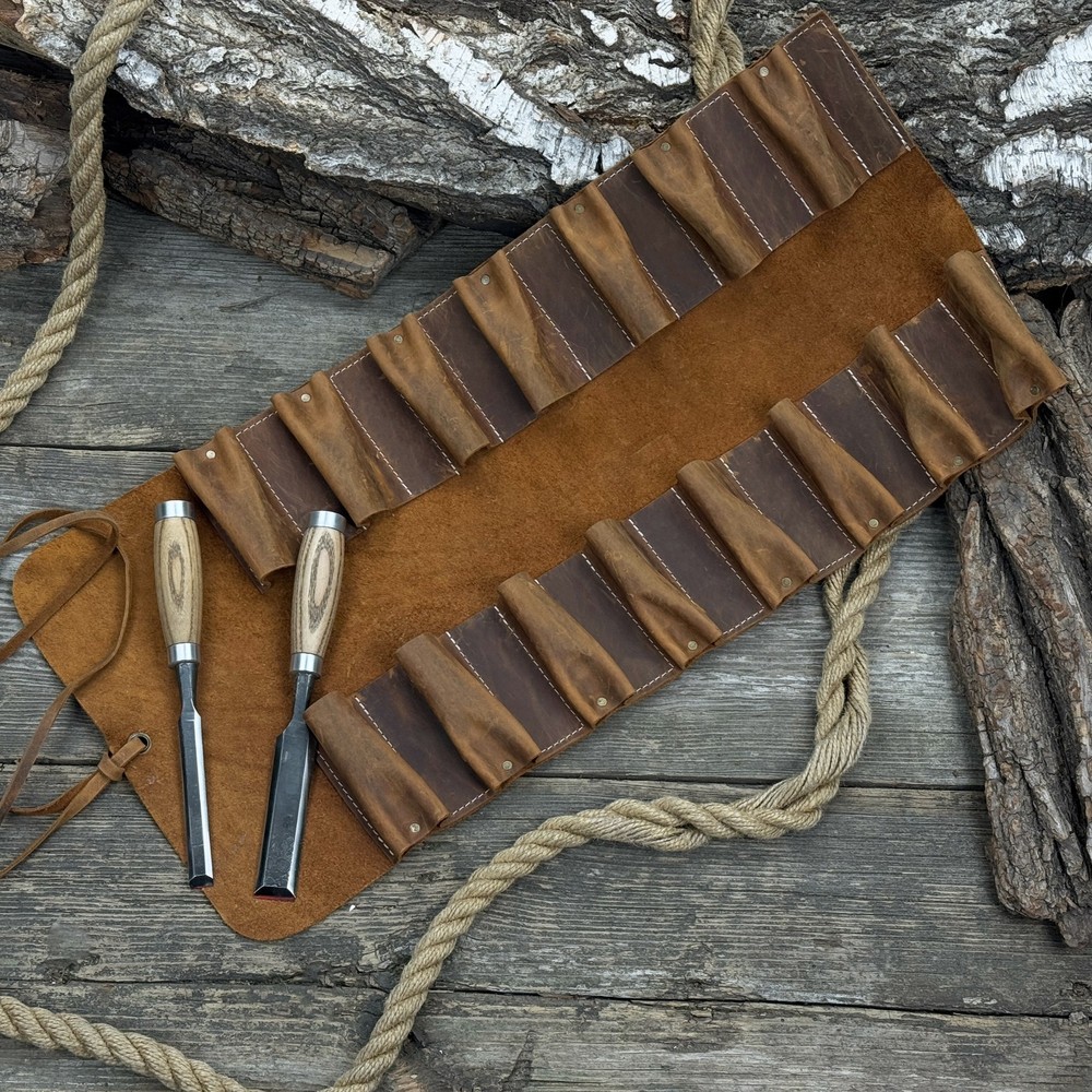 Crazy Horse Leather Chisel Tool Roll 15-Pocket Workshop Organizer