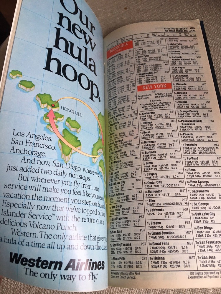 Western Airlines October 27 1985 Flight Schedule Timetable