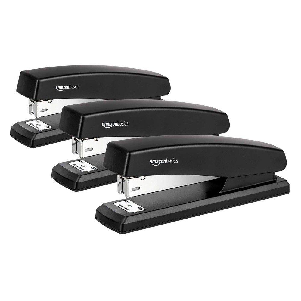 Amazon Basics Desktop Office Stapler, Lightweight, 25 Sheet 3-Pack, Black