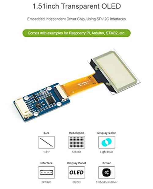 1.51inch Transparent OLED 128×64 Resolution Compatible with Raspberry Pi