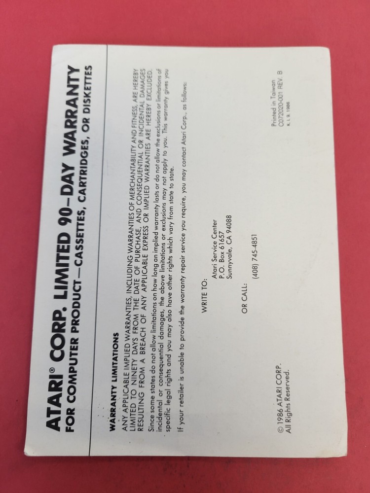 atari 90 day warranty insert