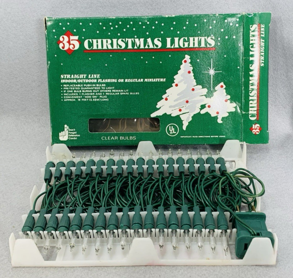 Vintage Clear Mini Lights String 35 Count Green Wire Christmas 18'
