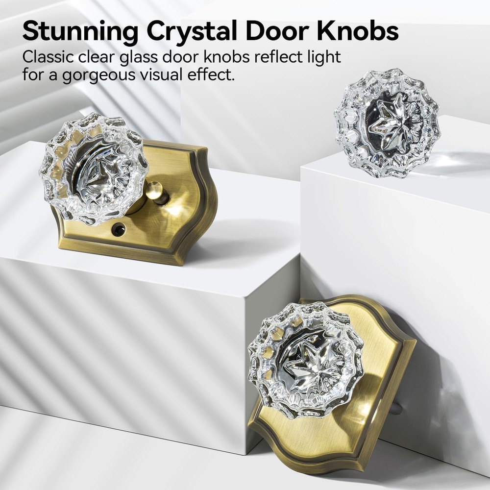 3 Pack Glass Crystal Door Knobs Interior, Antique Brass Crystal Door Knobs wi...