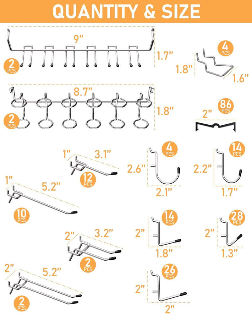 Pegboard Hooks Set for Hanging Tools, 206PCS Heavy Duty Peg Hook Hanger & Holder