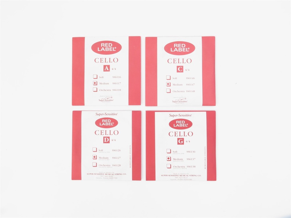 Super Sensitive Musical String Co. Red Label Cello Strings 4 Pack A C D G Medium