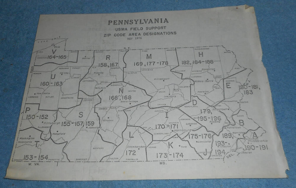 1976 US Military Academy Field Support Zip Code Designations Pennsylvania Map