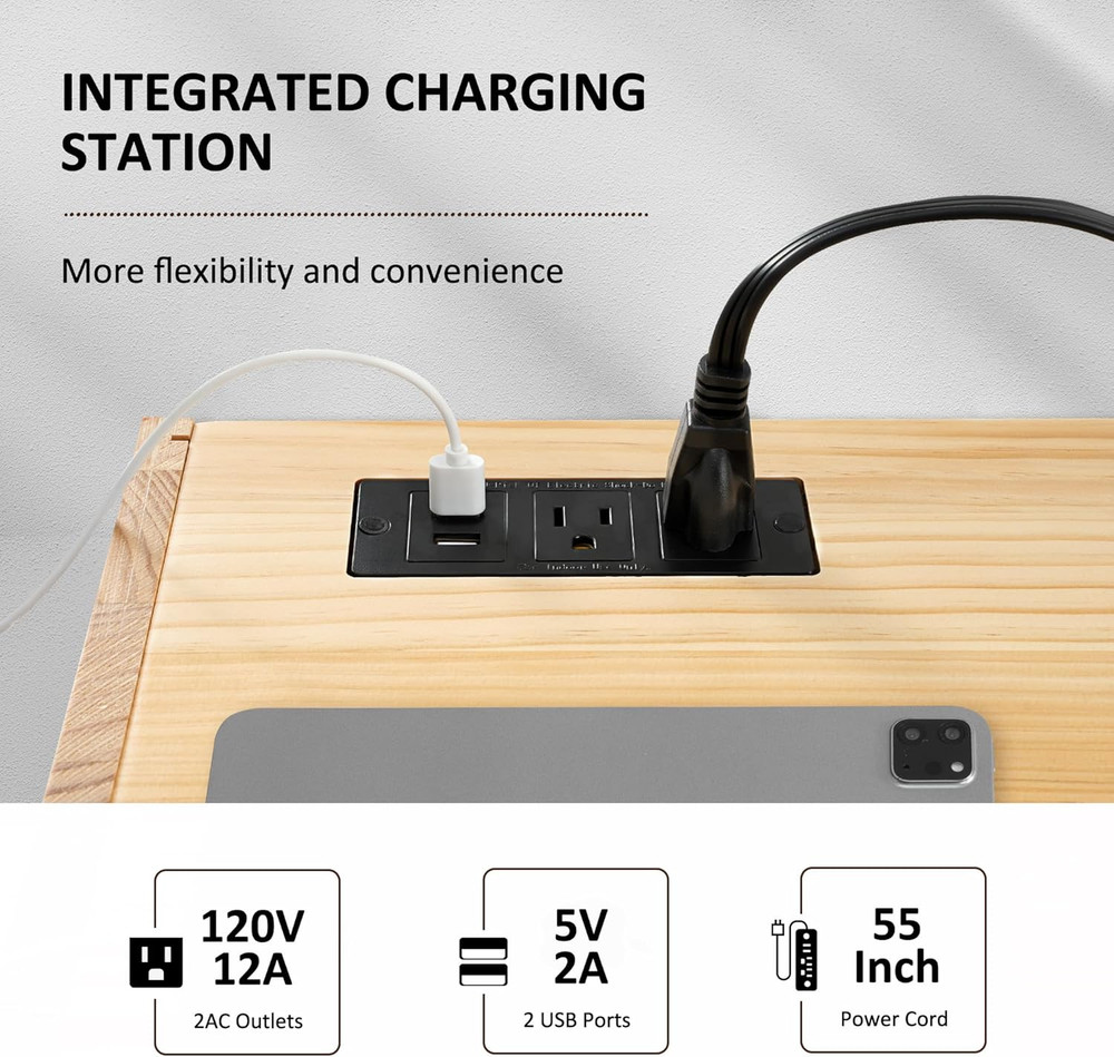 Modern Floating Nightstand with Charging Station & Drawer - Solid Wood Design